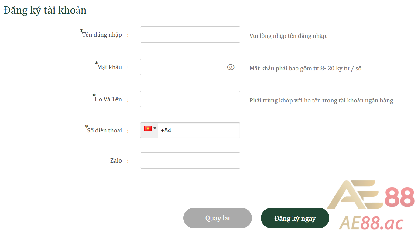Điền thông tin để đăng ký AE88